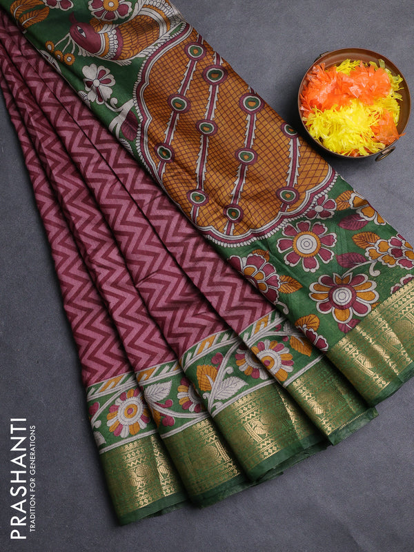 Semi maheshwari cotton saree wine shade and green with allover zigzag prints and zari woven border