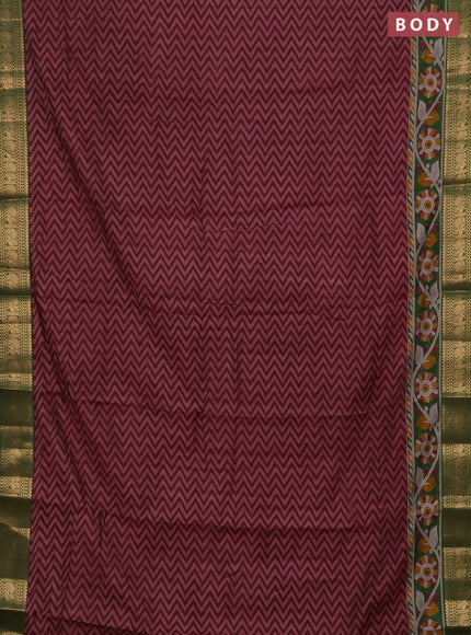 Semi maheshwari cotton saree wine shade and green with allover zigzag prints and zari woven border