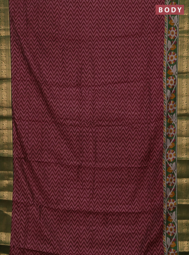 Semi maheshwari cotton saree wine shade and green with allover zigzag prints and zari woven border