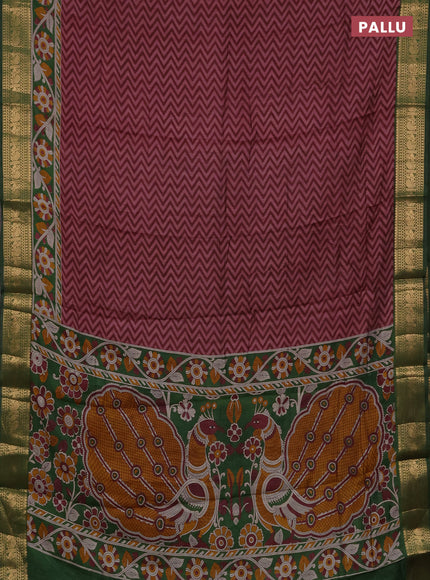 Semi maheshwari cotton saree wine shade and green with allover zigzag prints and zari woven border