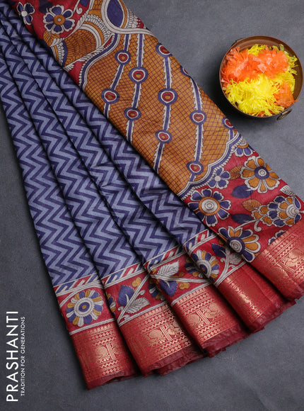 Semi maheshwari cotton saree navy blue and maroon with allover zigzag prints and zari woven border