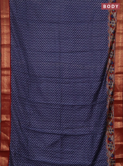 Semi maheshwari cotton saree navy blue and maroon with allover zigzag prints and zari woven border