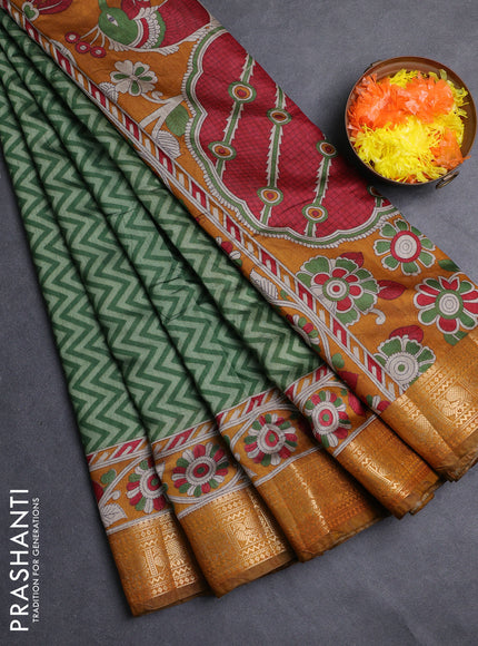 Semi maheshwari cotton saree green and mustard yellow with allover zigzag prints and zari woven border