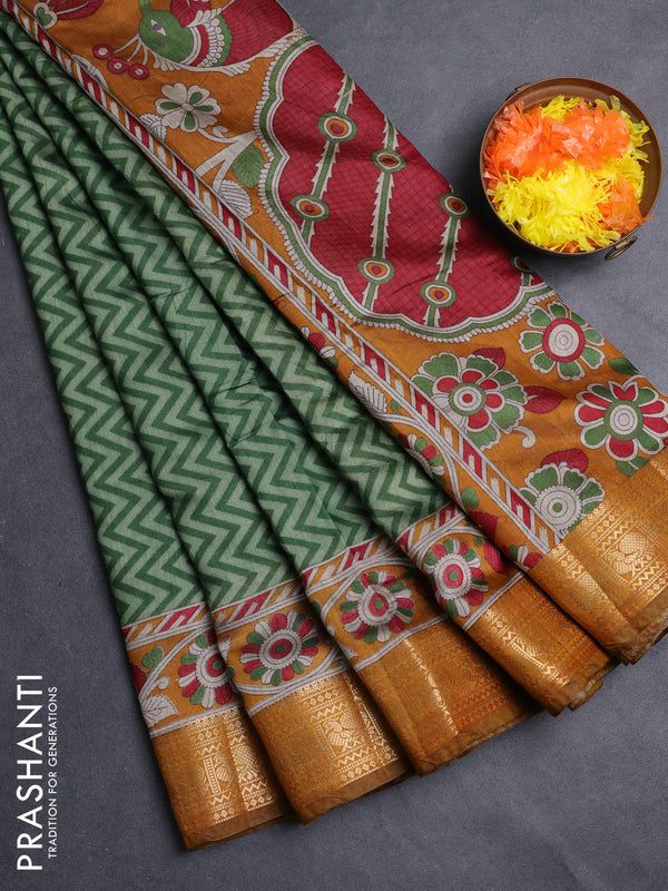Semi maheshwari cotton saree green and mustard yellow with allover zigzag prints and zari woven border