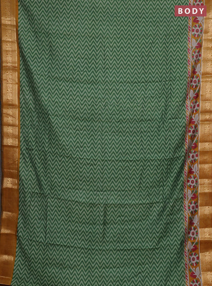 Semi maheshwari cotton saree green and mustard yellow with allover zigzag prints and zari woven border