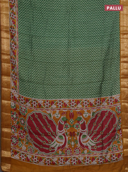 Semi maheshwari cotton saree green and mustard yellow with allover zigzag prints and zari woven border