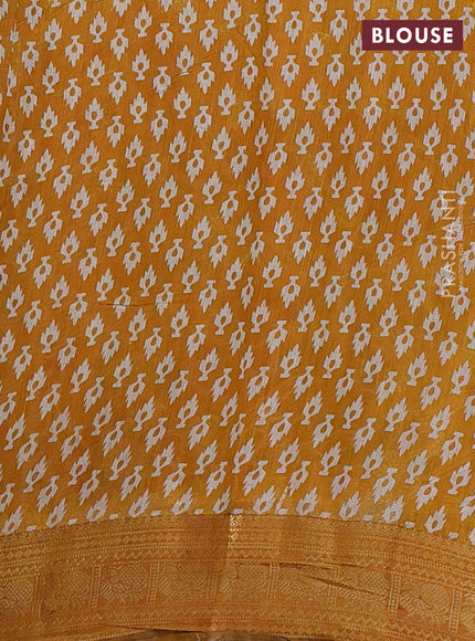 Semi maheshwari cotton saree green and mustard yellow with allover zigzag prints and zari woven border