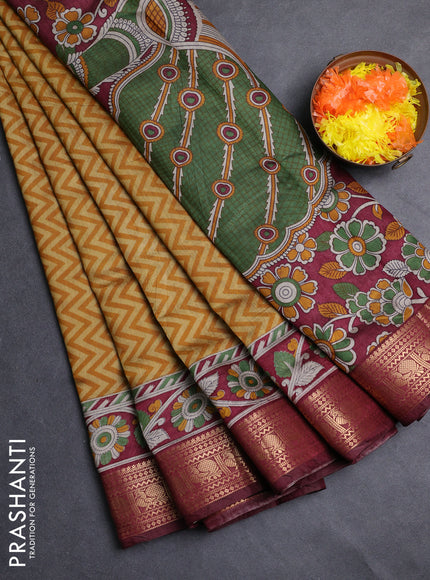 Semi maheshwari cotton saree mustard yellow and maroon with allover zigzag prints and zari woven border