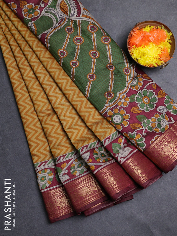 Semi maheshwari cotton saree mustard yellow and maroon with allover zigzag prints and zari woven border