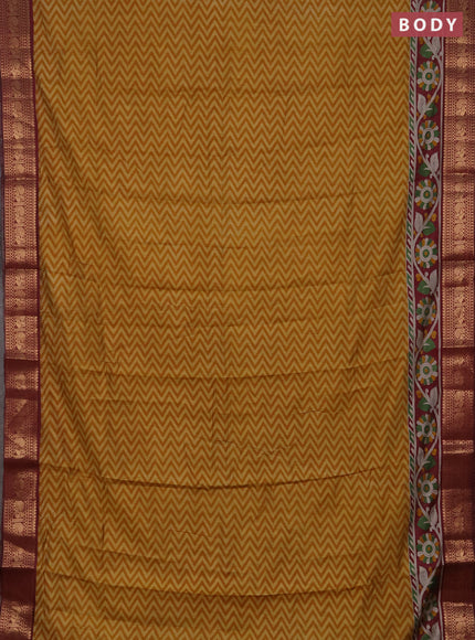 Semi maheshwari cotton saree mustard yellow and maroon with allover zigzag prints and zari woven border