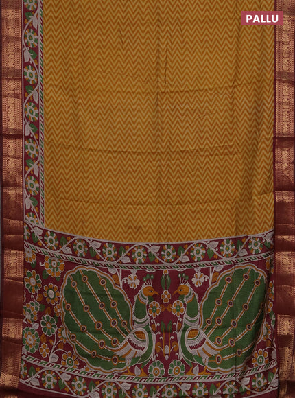 Semi maheshwari cotton saree mustard yellow and maroon with allover zigzag prints and zari woven border