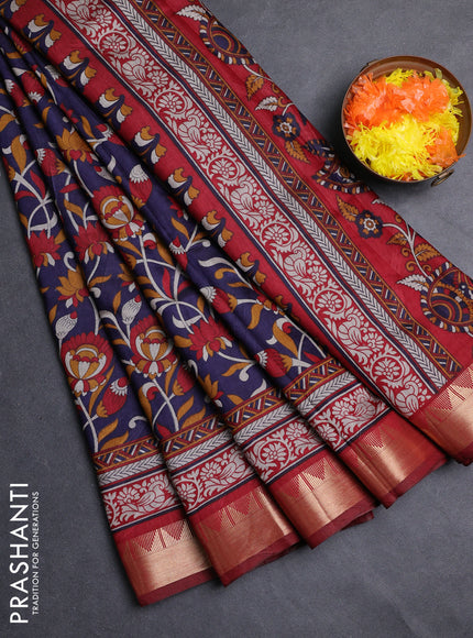 Semi maheshwari cotton saree navy blue and maroon with allover kalamkari prints and zari woven border