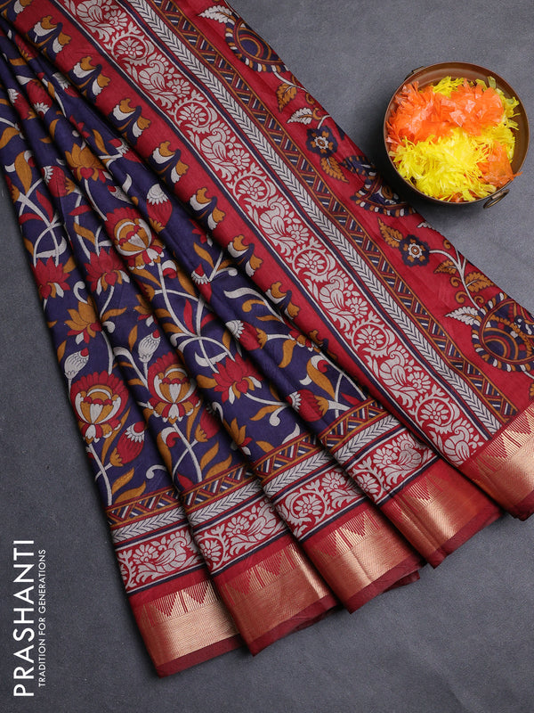 Semi maheshwari cotton saree navy blue and maroon with allover kalamkari prints and zari woven border
