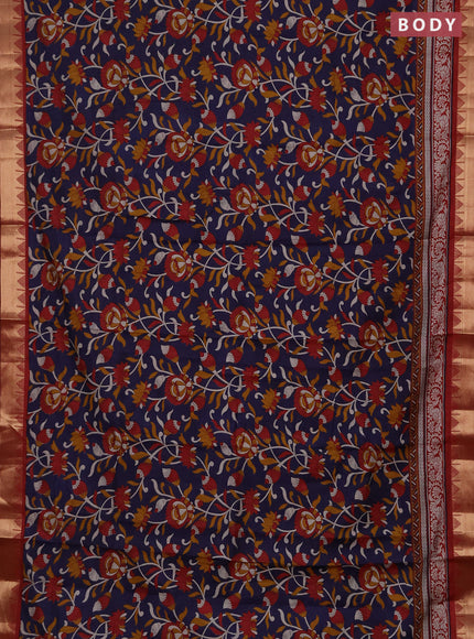 Semi maheshwari cotton saree navy blue and maroon with allover kalamkari prints and zari woven border