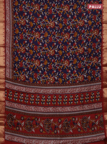 Semi maheshwari cotton saree navy blue and maroon with allover kalamkari prints and zari woven border