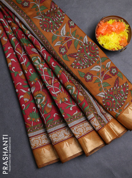 Semi maheshwari cotton saree maroon and mustard yellow with allover kalamkari prints and zari woven border