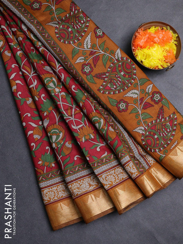 Semi maheshwari cotton saree maroon and mustard yellow with allover kalamkari prints and zari woven border