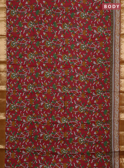 Semi maheshwari cotton saree maroon and mustard yellow with allover kalamkari prints and zari woven border