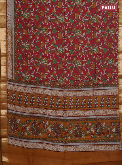 Semi maheshwari cotton saree maroon and mustard yellow with allover kalamkari prints and zari woven border
