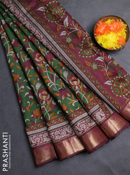 Semi maheshwari cotton saree green and maroon with allover kalamkari prints and zari woven border