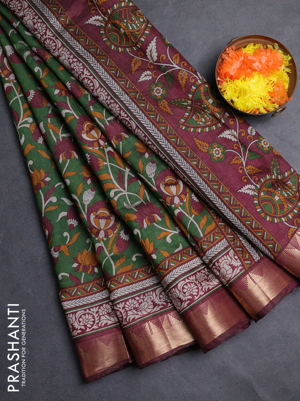 Semi maheshwari cotton saree green and maroon with allover kalamkari prints and zari woven border