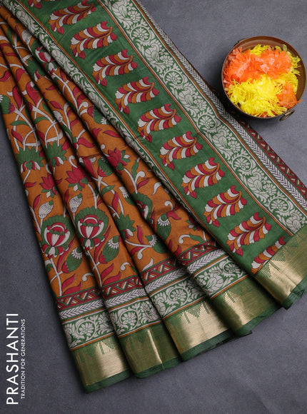 Semi maheshwari cotton saree mustard yellow and green with allover kalamkari prints and zari woven border