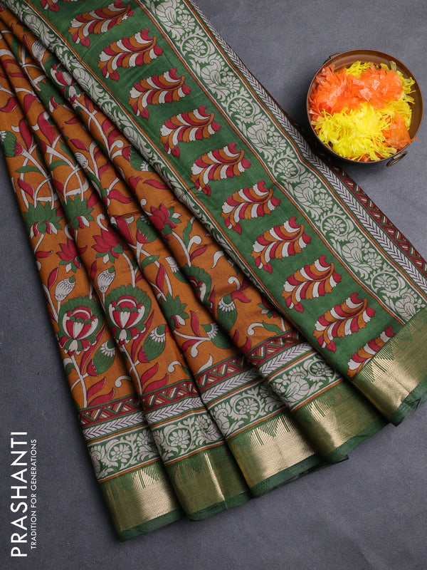 Semi maheshwari cotton saree mustard yellow and green with allover kalamkari prints and zari woven border