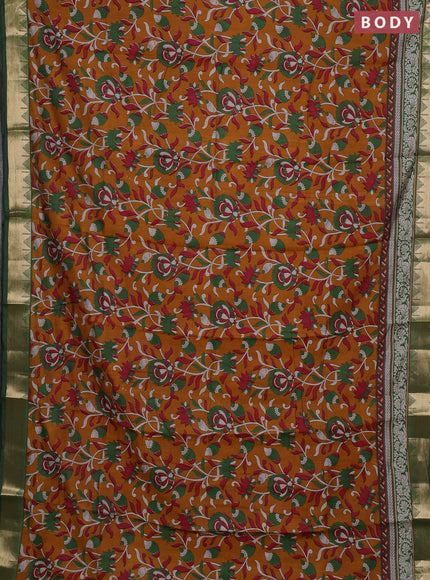 Semi maheshwari cotton saree mustard yellow and green with allover kalamkari prints and zari woven border