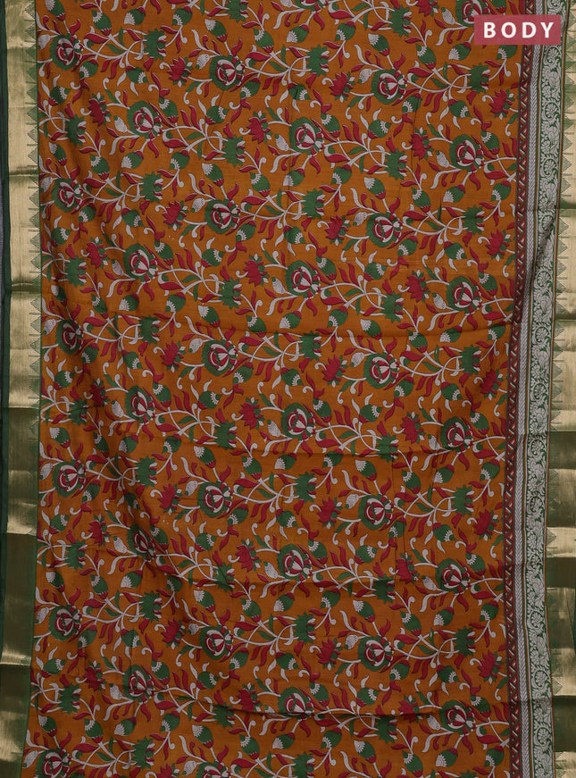 Semi maheshwari cotton saree mustard yellow and green with allover kalamkari prints and zari woven border
