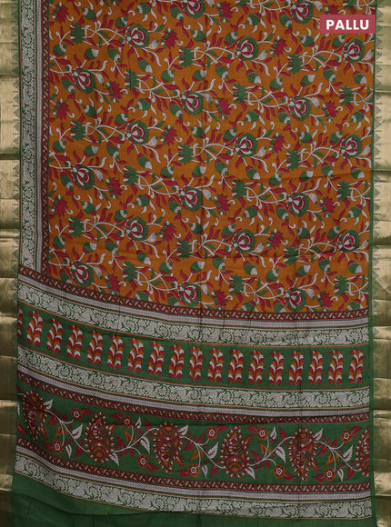 Semi maheshwari cotton saree mustard yellow and green with allover kalamkari prints and zari woven border