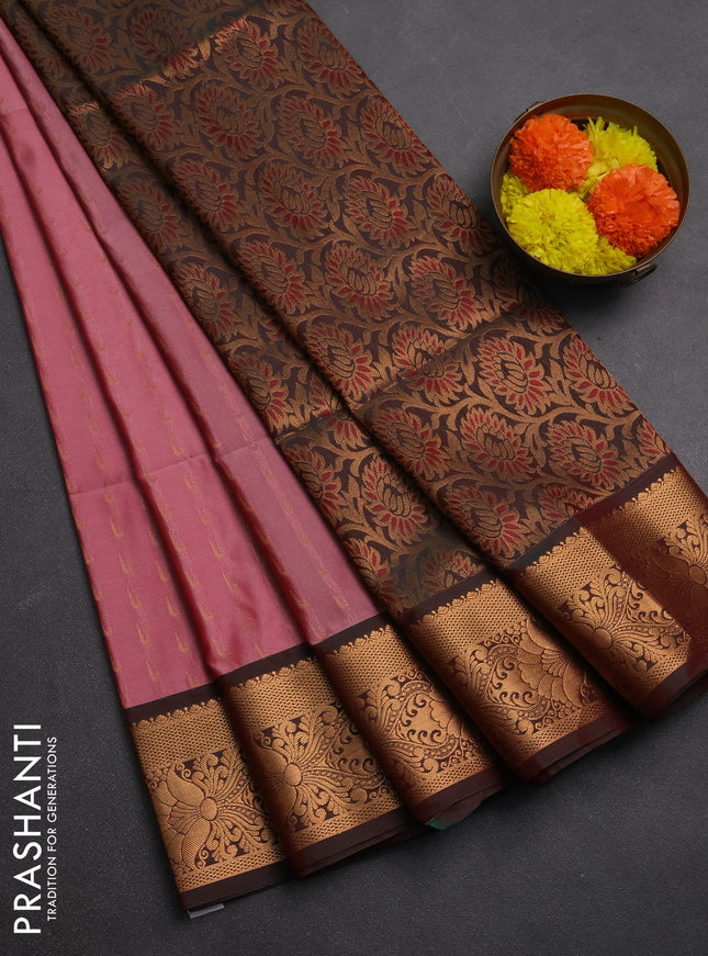 Semi soft silk saree mauve pink and dual shade of greenish maroon with allover zari woven muniya buttas and zari woven border