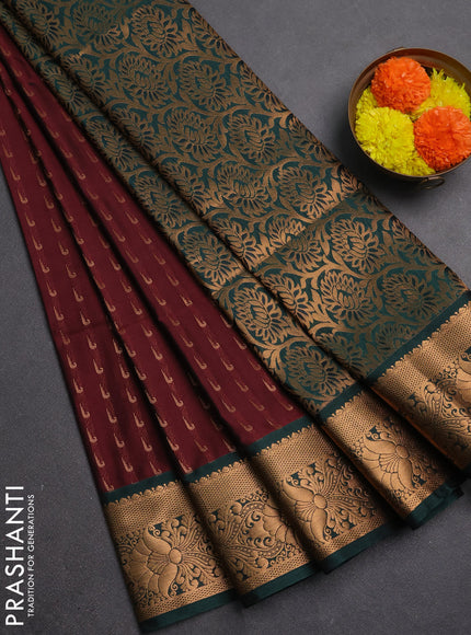 Semi soft silk saree maroon and bottle green with allover zari woven muniya buttas and zari woven border