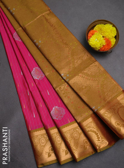 Semi soft silk saree pink and lime green with allover silver & gold zari weaves & buttas and zari woven border