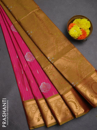 Semi soft silk saree pink and lime green with allover silver & gold zari weaves & buttas and zari woven border