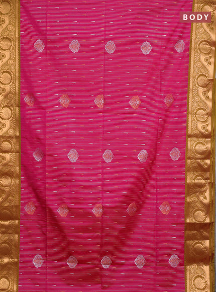 Semi soft silk saree pink and lime green with allover silver & gold zari weaves & buttas and zari woven border