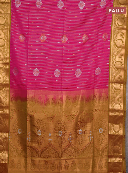 Semi soft silk saree pink and lime green with allover silver & gold zari weaves & buttas and zari woven border
