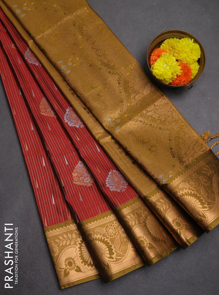 Semi soft silk saree maroon and mustard green with allover silver & gold zari weaves & buttas and zari woven border