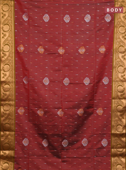 Semi soft silk saree maroon and mustard green with allover silver & gold zari weaves & buttas and zari woven border