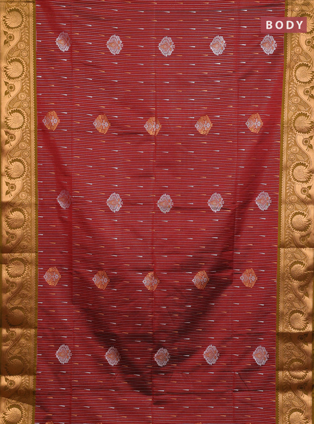 Semi soft silk saree maroon and mustard green with allover silver & gold zari weaves & buttas and zari woven border
