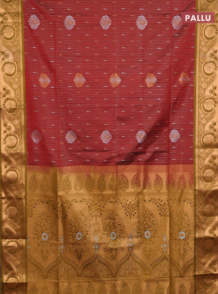 Semi soft silk saree maroon and mustard green with allover silver & gold zari weaves & buttas and zari woven border
