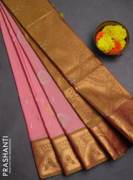 Semi soft silk saree peach pink and dual shade of lime green with allover silver & gold zari weaves & buttas and zari woven border