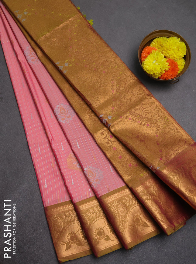 Semi soft silk saree peach pink and dual shade of lime green with allover silver & gold zari weaves & buttas and zari woven border