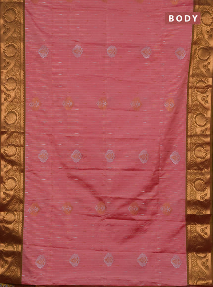 Semi soft silk saree peach pink and dual shade of lime green with allover silver & gold zari weaves & buttas and zari woven border