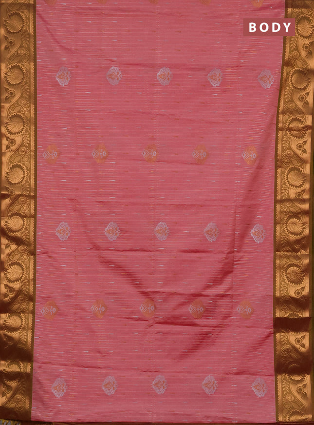 Semi soft silk saree peach pink and dual shade of lime green with allover silver & gold zari weaves & buttas and zari woven border