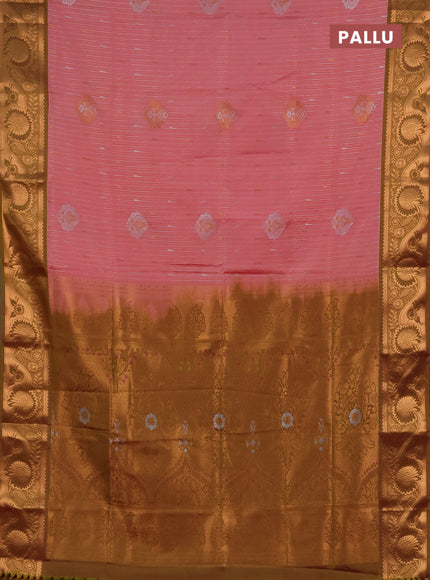 Semi soft silk saree peach pink and dual shade of lime green with allover silver & gold zari weaves & buttas and zari woven border