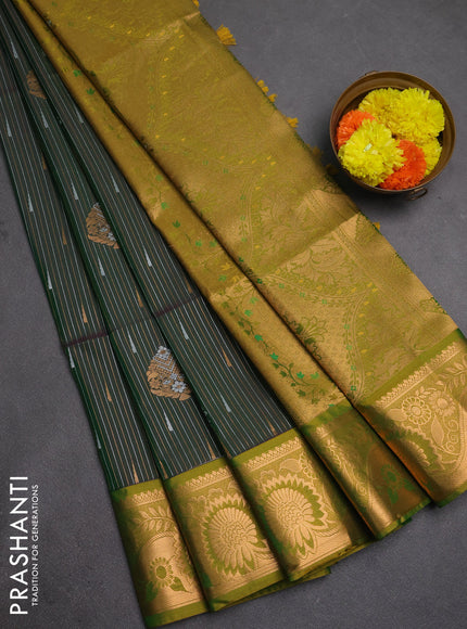 Semi soft silk saree bottle green and lime green with allover silver & gold zari weaves & buttas and zari woven border