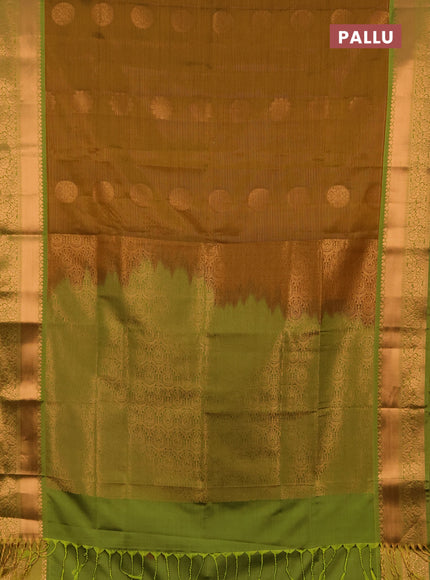 Semi soft silk saree dark mustard and green with allover zari weaves & buttas and rich zari woven border