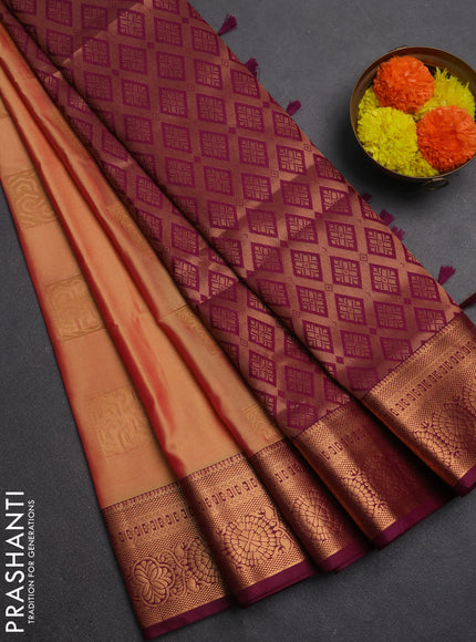 Semi soft silk saree sunset orange and wine shade with zari woven buttas and zari woven border