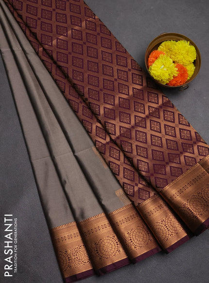 Semi soft silk saree grey and deep wine with zari woven buttas and zari woven border