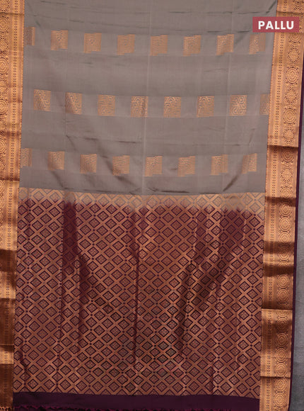 Semi soft silk saree grey and deep wine with zari woven buttas and zari woven border